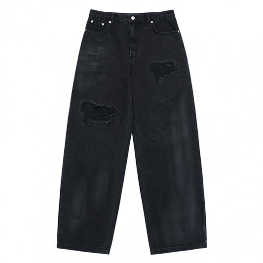 DESTROYED WASHING SPRAY DENIM PANTS BLACK
