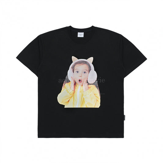 BABY FACE CAT EARPLUG SHORT SLEEVE T-SHIRT BLACK