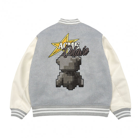 [acmé de la vie X HOSHI]  PIXEL BEAR ARTWORK VARSITY JACKET MELANGE