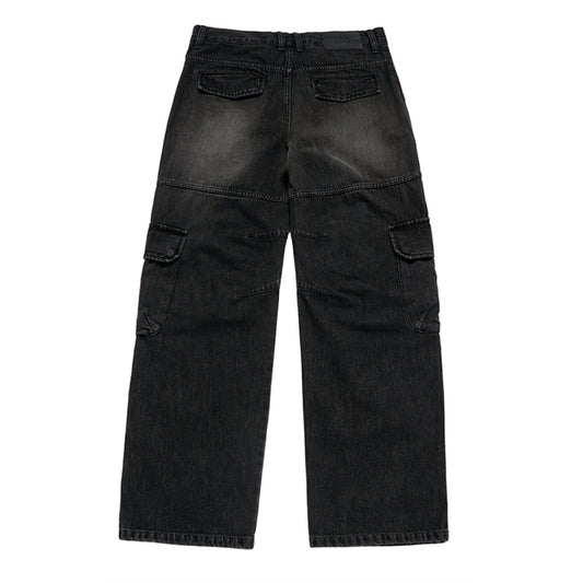 WIDE DENIM FATIGUE CARGO PANTS BLACK