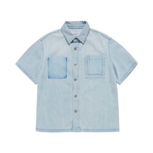 OVERSIZE WASHING DENIM SHORT SLEEVE SHIRTS LIGHT BLUE