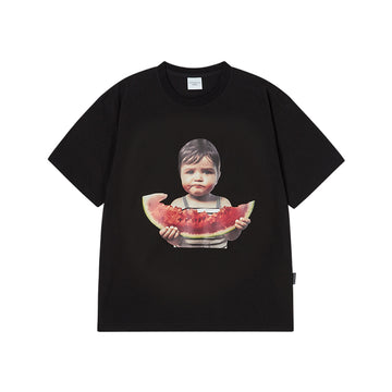 BABY FACE WATERMELON GIRL SLEEVE T-SHIRT BLACK